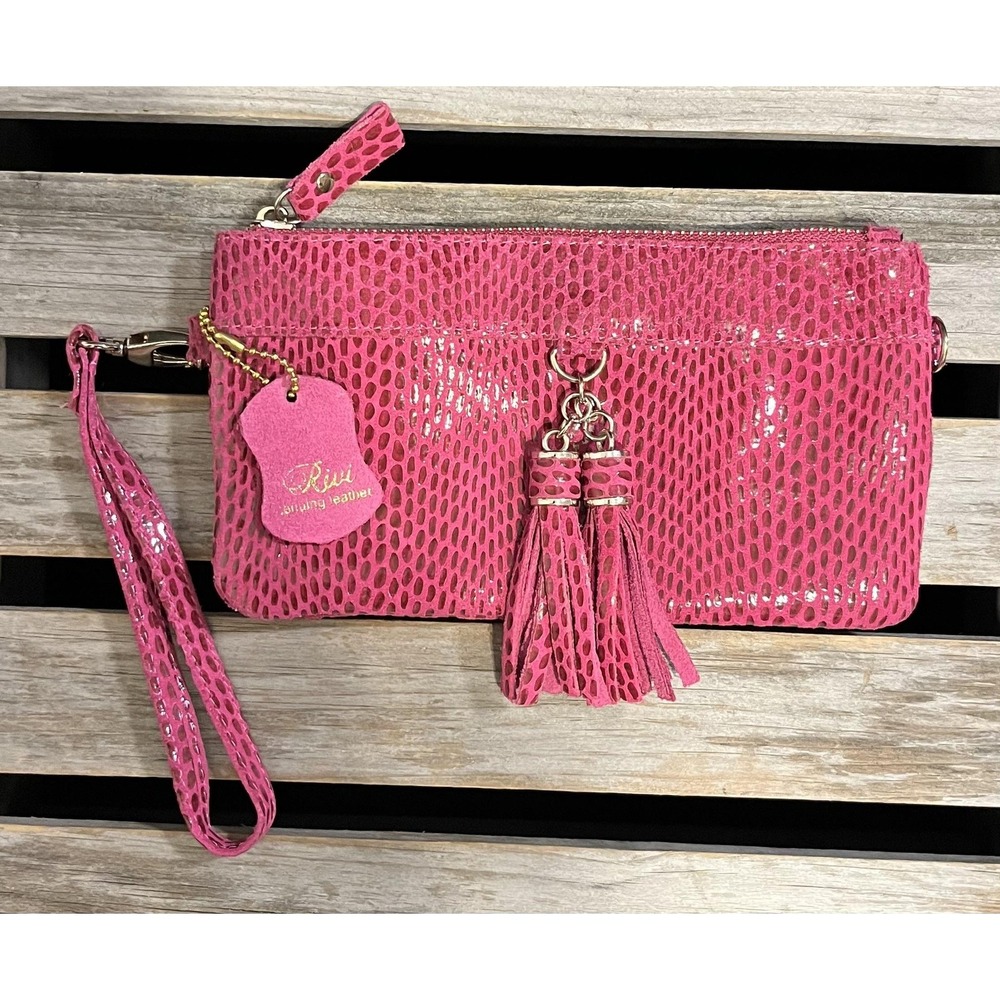 Rivi Wristlet Clutch Bag Womens Small Pink Suede Leather Tassel Animal Print